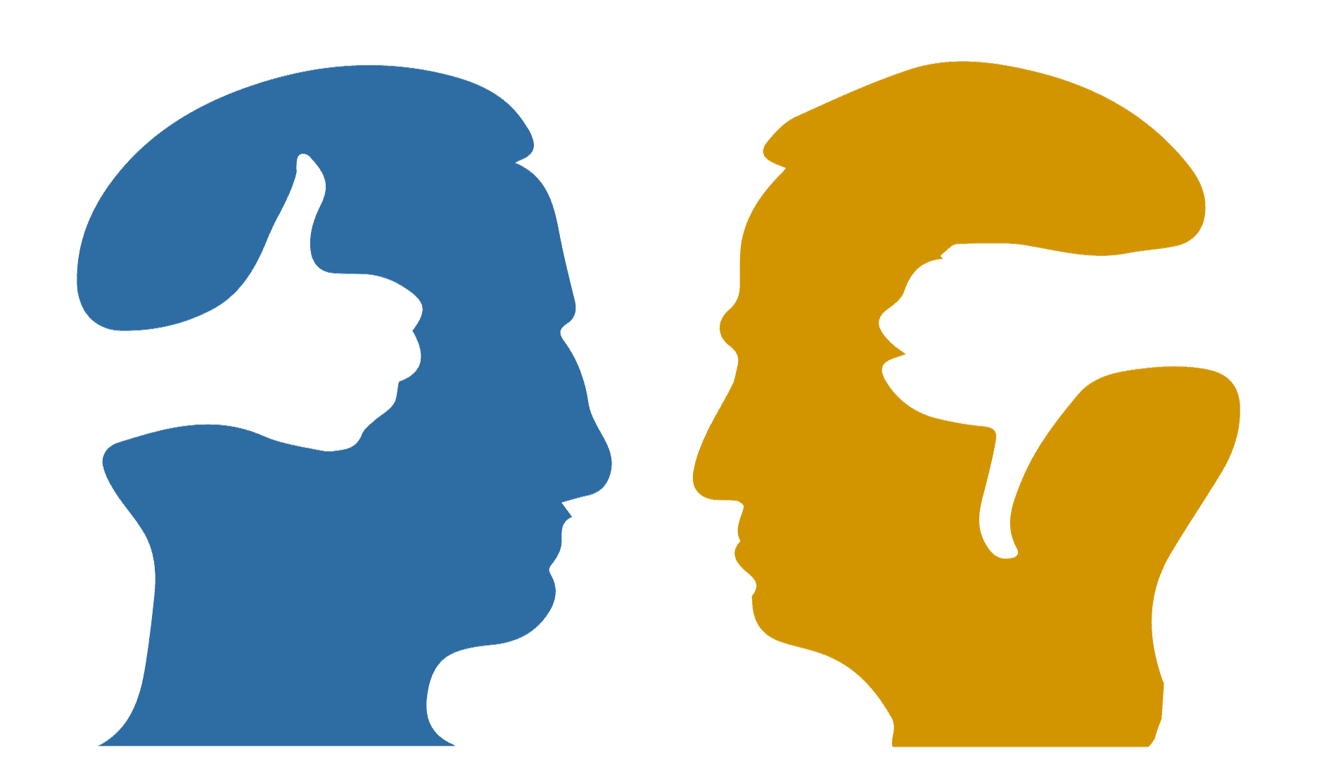 two silhouettes of men faced; the man on the left has thumbs up and the man of the right has thumbs down